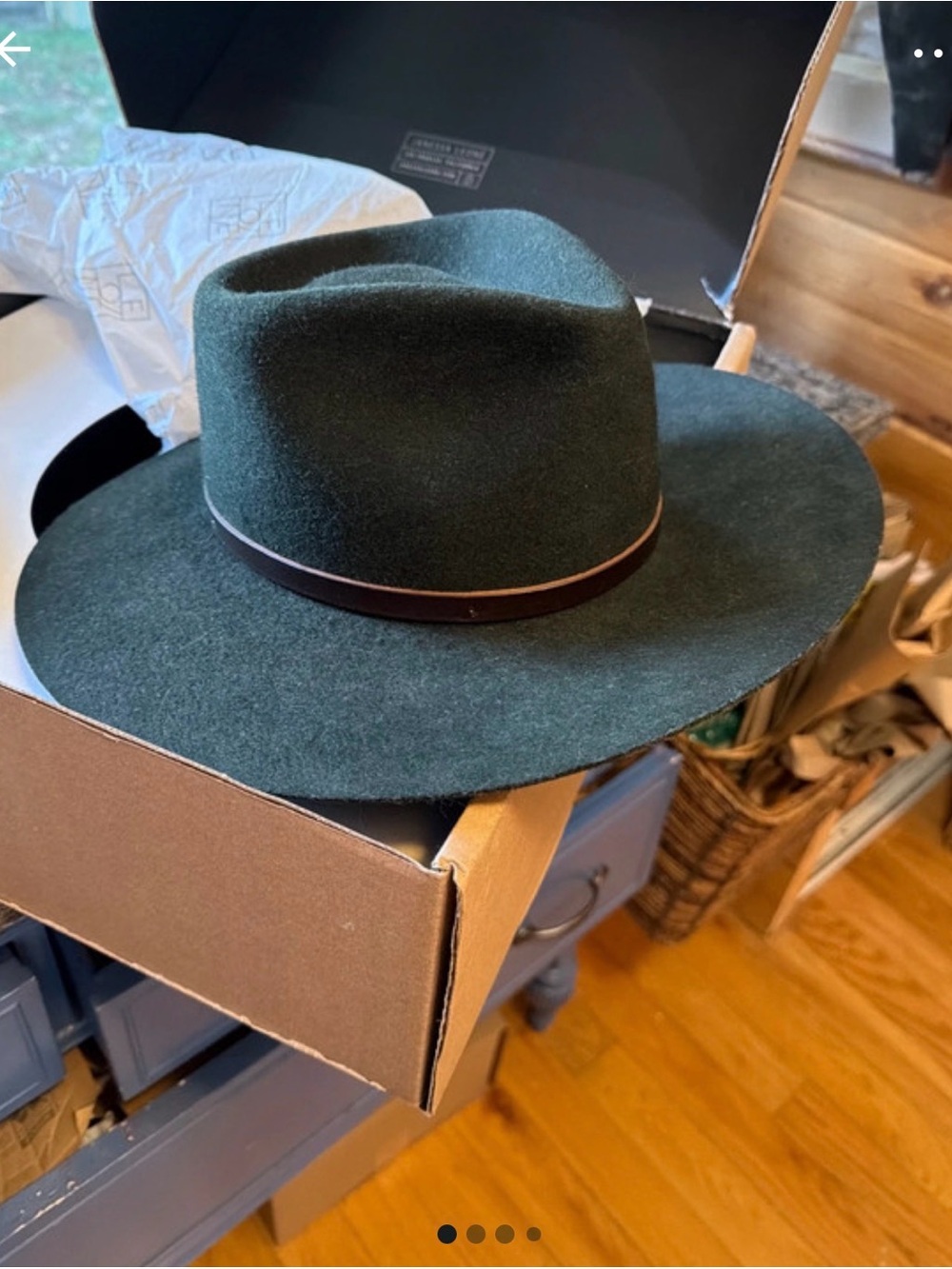 Janessa Leone Wynn Fedora Dark Green Wool Wide-Brim Hat with Brown Band